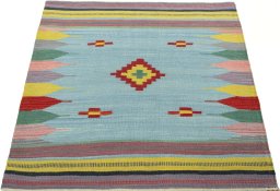 Close-up detail of New Kilim Sofre rug from Turkey showing Wool weave
