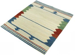 Corner detail of New Kilim Sofre rug showing border pattern and Wool pile