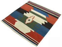 Corner detail of New Kilim Sofre rug showing border pattern and Wool pile