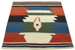 Close-up detail of New Kilim Sofre rug from Turkey showing Wool weave