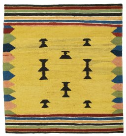 Full view of New Kilim Sofre rug from Turkey, 103 × 96 cm in Multi Color tones