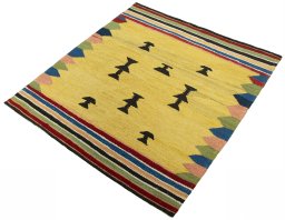 Corner detail of New Kilim Sofre rug showing border pattern and Wool pile