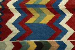 Full view of New Kilim Sofre rug from Turkey, 99 × 104 cm in Multi Color tones