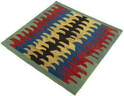 Corner detail of New Kilim Sofre rug showing border pattern and Wool pile