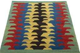 Close-up detail of New Kilim Sofre rug from Turkey showing Wool weave