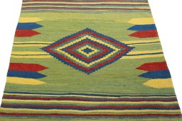 Close-up detail of New Kilim Sofre rug from Turkey showing Wool weave