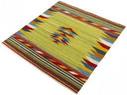 Corner detail of New Kilim Sofre rug showing border pattern and Wool pile