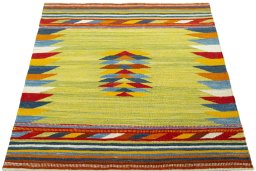 Close-up detail of New Kilim Sofre rug from Turkey showing Wool weave