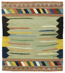 Full view of New Kilim Sofre rug from Turkey, 111 × 96 cm in Multi Color tones