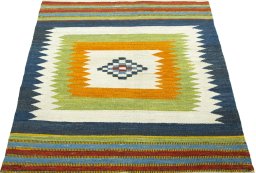 Close-up detail of New Kilim Sofre rug from Turkey showing Wool weave
