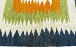 Close-up detail of New Kilim Sofre rug from Turkey showing Wool weave