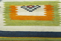 Full view of New Kilim Sofre rug from Turkey, 108 × 100 cm in Multi Color tones