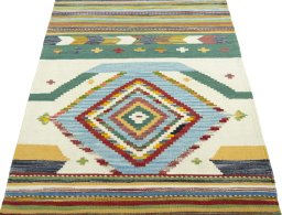 Close-up detail of New Kilim Sofre rug from Turkey showing Wool weave