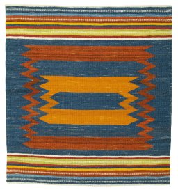 Full view of New Kilim Sofre rug from Turkey, 111 × 103 cm in Multi Color tones