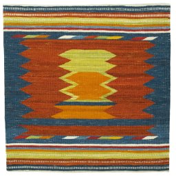 Full view of New Kilim Sofre rug from Turkey, 107 × 105 cm in Multi Color tones