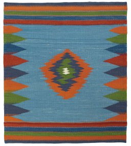Full view of New Kilim Sofre rug from Turkey, 116 × 101 cm in Multi Color tones