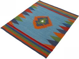 Corner detail of New Kilim Sofre rug showing border pattern and Wool pile
