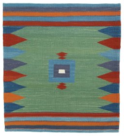 Full view of New Kilim Sofre rug from Turkey, 114 × 103 cm in Multi Color tones