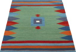 Close-up detail of New Kilim Sofre rug from Turkey showing Wool weave