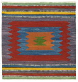 Full view of New Kilim Sofre rug from Turkey, 113 × 107 cm in Multi Color tones