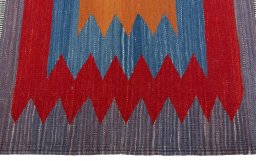 Close-up detail of New Kilim Sofre rug from Turkey showing Wool weave