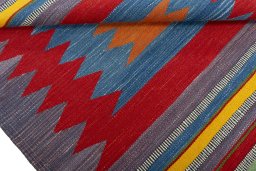 Full view of New Kilim Sofre rug from Turkey, 113 × 107 cm in Multi Color tones