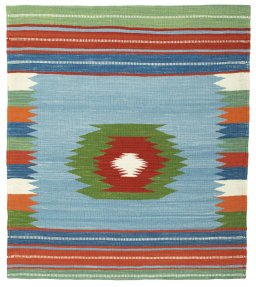 Full view of New Kilim Sofre rug from Turkey, 116 × 102 cm in Multi Color tones