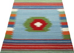 Close-up detail of New Kilim Sofre rug from Turkey showing Wool weave