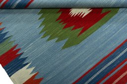 Full view of New Kilim Sofre rug from Turkey, 116 × 102 cm in Multi Color tones