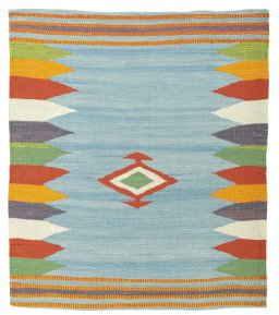 Full view of New Kilim Sofre rug from Turkey, 108 × 94 cm in Multi Color tones