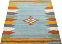 Close-up detail of New Kilim Sofre rug from Turkey showing Wool weave