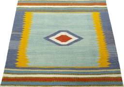 Close-up detail of New Kilim Sofre rug from Turkey showing Wool weave