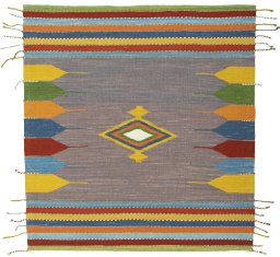 Full view of New Kilim Sofre rug from Turkey, 111 × 104 cm in Multi Color tones
