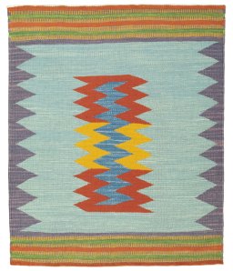Full view of New Kilim Sofre rug from Turkey, 113 × 93 cm in Multi Color tones