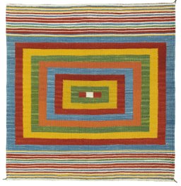 Full view of New Kilim Sofre rug from Turkey, 104 × 100 cm in Multi Color tones