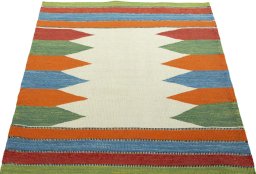 Close-up detail of New Kilim Sofre rug from Turkey showing Wool weave