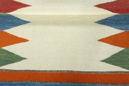 Full view of New Kilim Sofre rug from Turkey, 107 × 100 cm in Multi Color tones