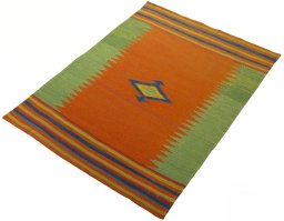 Corner detail of New Kilim Sofre rug showing border pattern and Wool pile