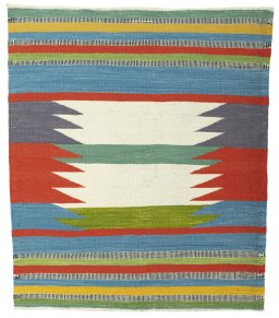 Full view of New Kilim Sofre rug from Turkey, 121 × 103 cm in Multi Color tones