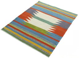 Corner detail of New Kilim Sofre rug showing border pattern and Wool pile