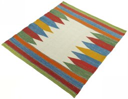 Corner detail of New Kilim Sofre rug showing border pattern and Wool pile