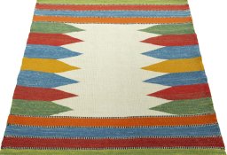 Close-up detail of New Kilim Sofre rug from Turkey showing Wool weave