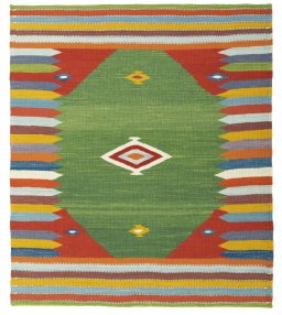Full view of New Kilim Sofre rug from Turkey, 109 × 94 cm in Multi Color tones