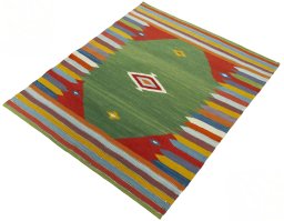 Corner detail of New Kilim Sofre rug showing border pattern and Wool pile