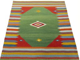 Close-up detail of New Kilim Sofre rug from Turkey showing Wool weave