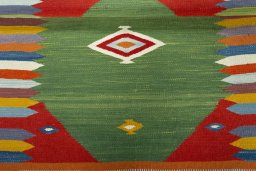 Full view of New Kilim Sofre rug from Turkey, 109 × 94 cm in Multi Color tones
