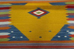 Full view of New Kilim Sofre rug from Turkey, 103 × 99 cm in Multi Color tones