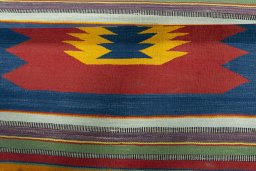 Full view of New Kilim Sofre rug from Turkey, 113 × 103 cm in Multi Color tones