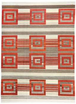 Full view of New Modern Design rug from Iran / Persia, 345 × 251 cm in Beige tones