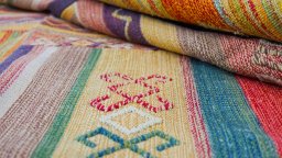 Close-up detail of New Modern Design rug from Iran / Persia showing Cotton weave